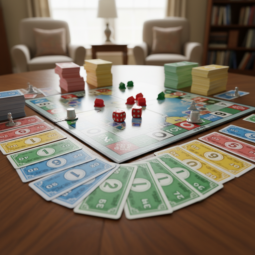 Classic Monopoly board game box with colorful property cards scattered around it
