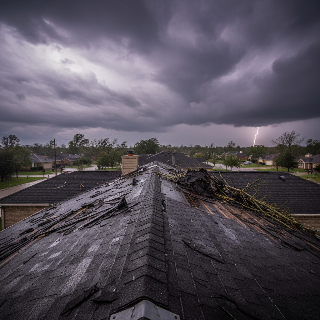 Storm damaged roof repair — close-up of damaged shingles being replaced, dark dramatic sky in the background