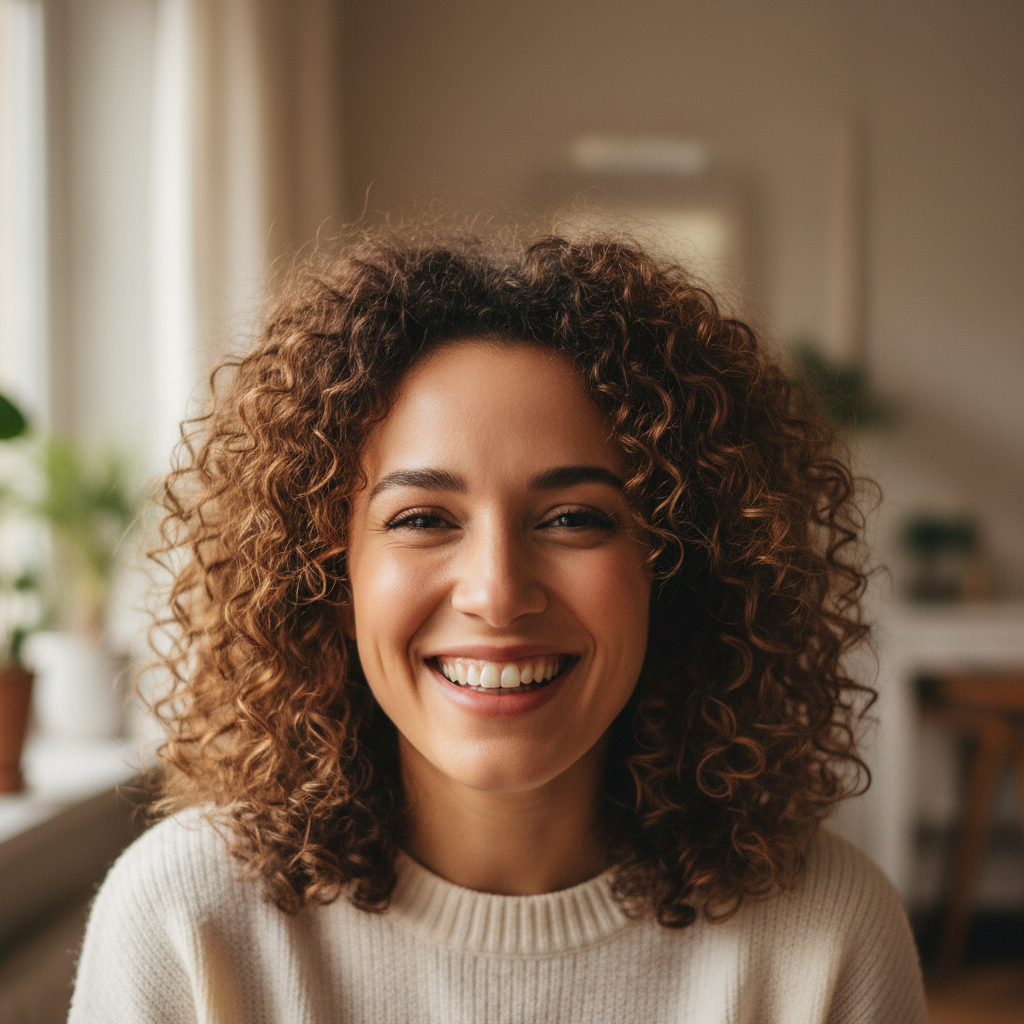 Smiling woman with curly brown hair, mother of young drummer