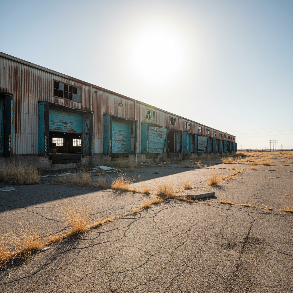 Neglected sun-scorched warehouse with cracked asphalt and faded dock doors before acquisition