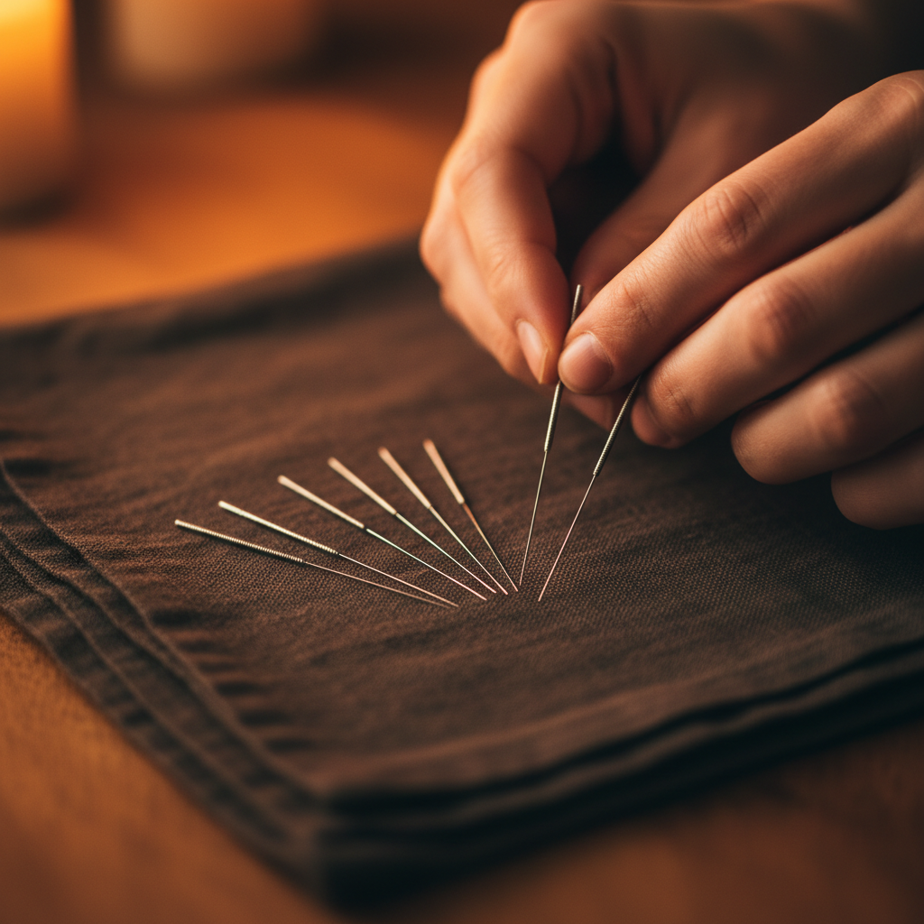Acupuncturist in a calm clinic setting, preparing treatment tools on a clean white surface