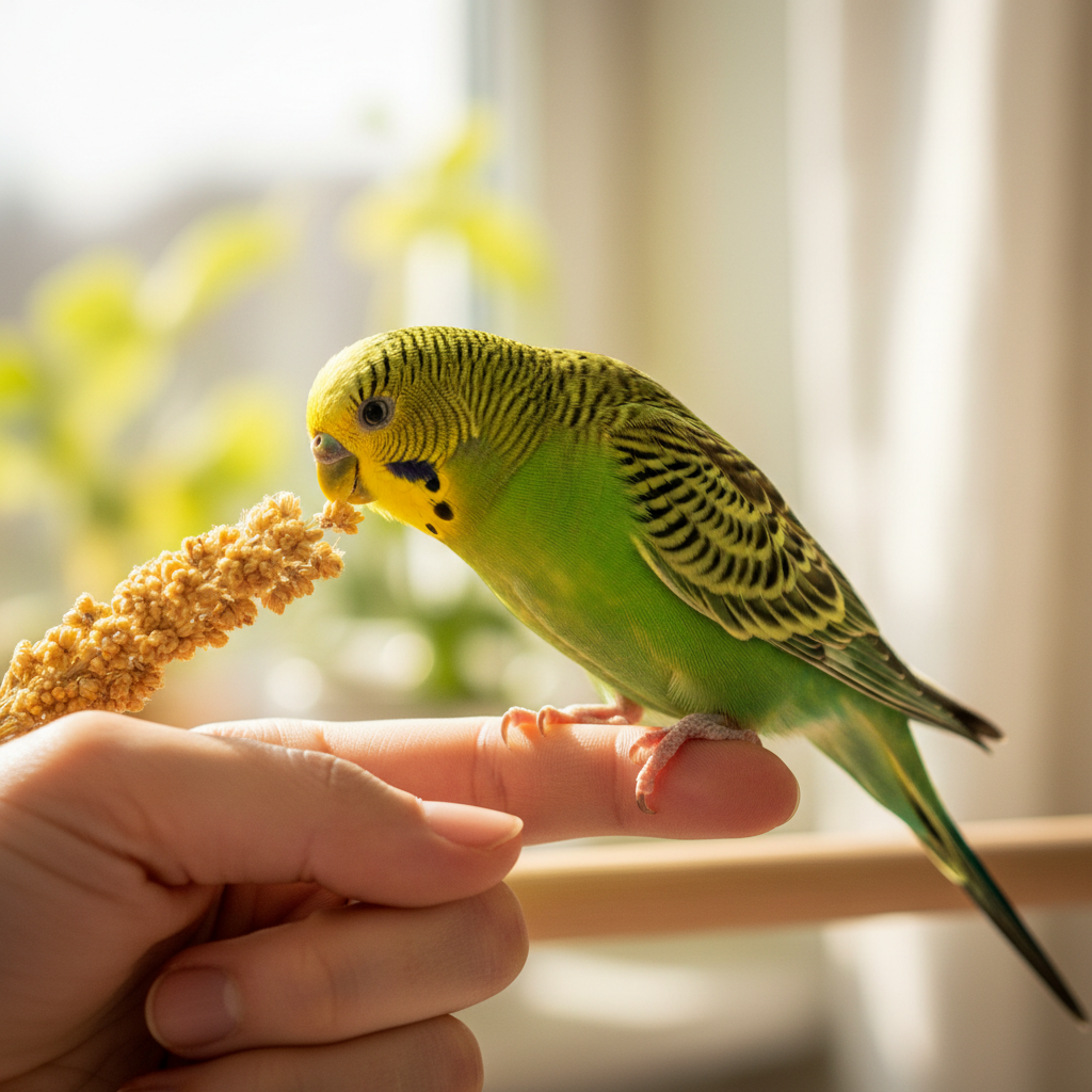 Small green budgie stepping onto an outstretched finger with millet as reward