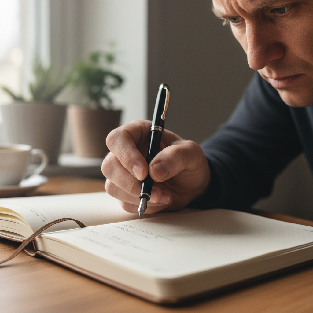 Person deep in thought at a desk with a notebook, focused expression, soft natural light