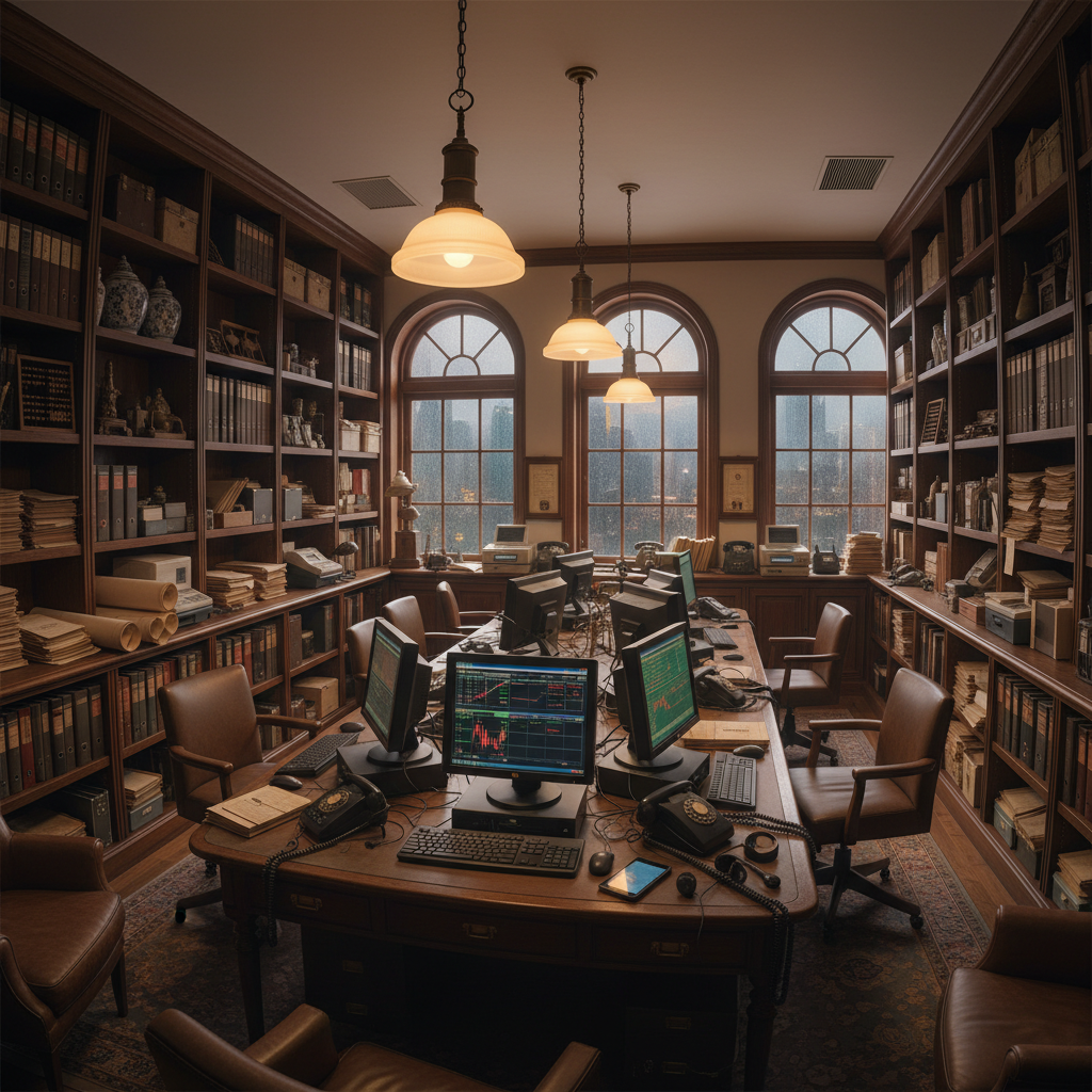 Mid-century Hong Kong trading office interior with warm amber lighting, wooden shelves, and modern technology