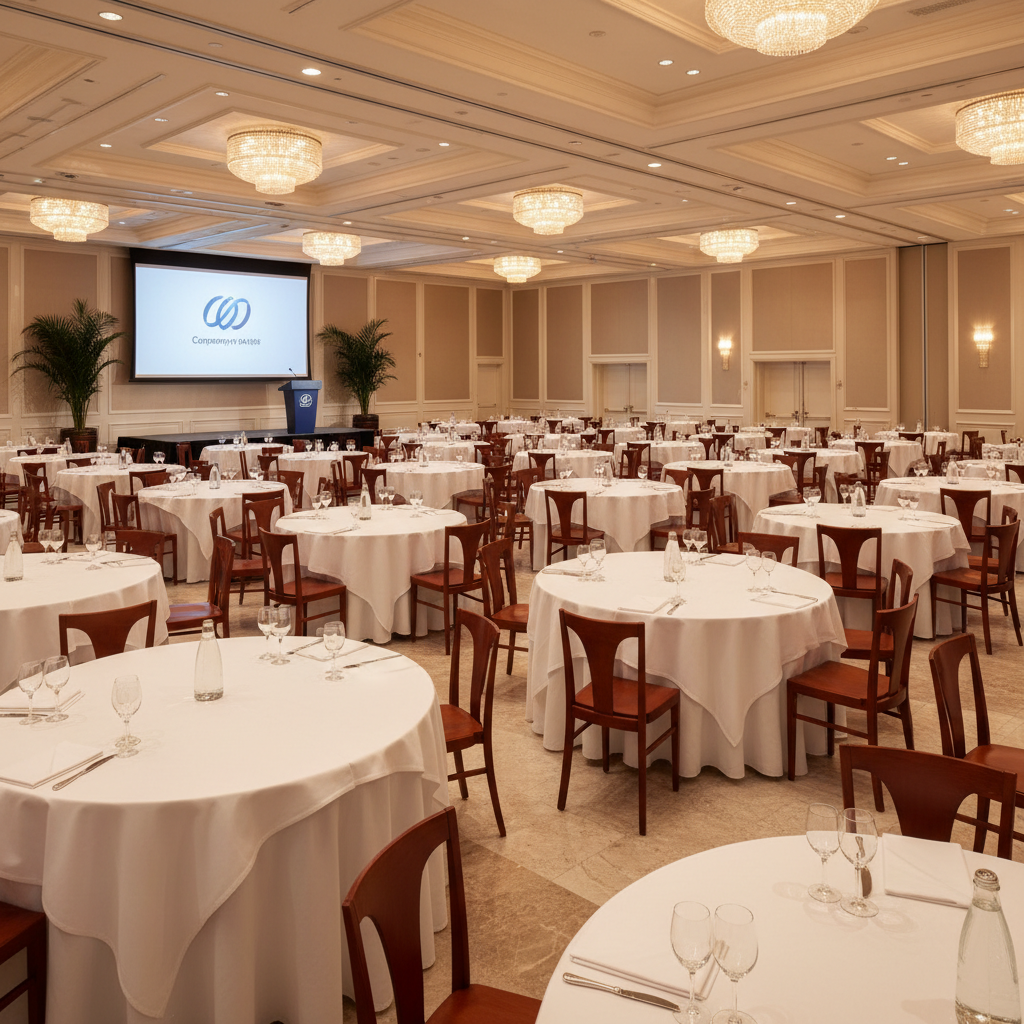 Corporate conference setup with round tables, professional lighting, and formal chair arrangements in a well-lit banquet hall