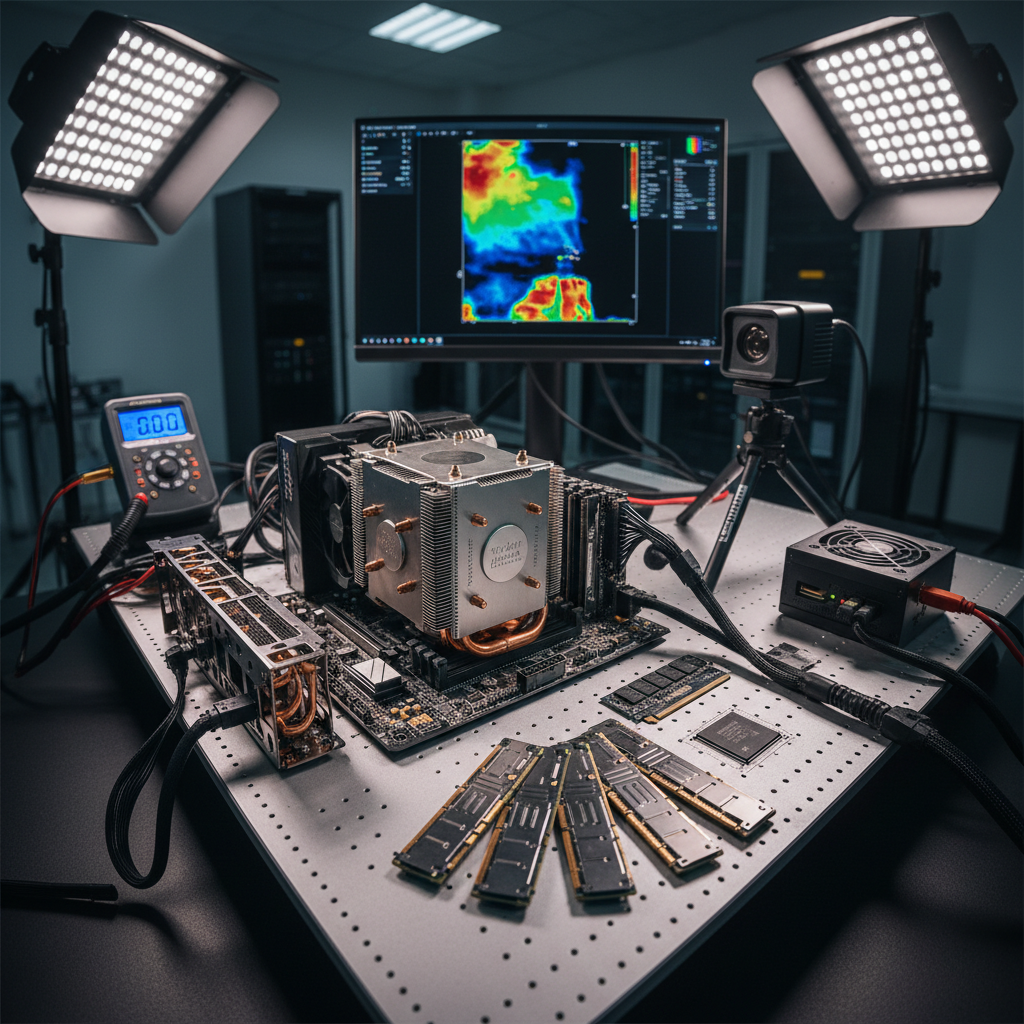 PC components spread across a test bench with thermal imaging equipment and power meters