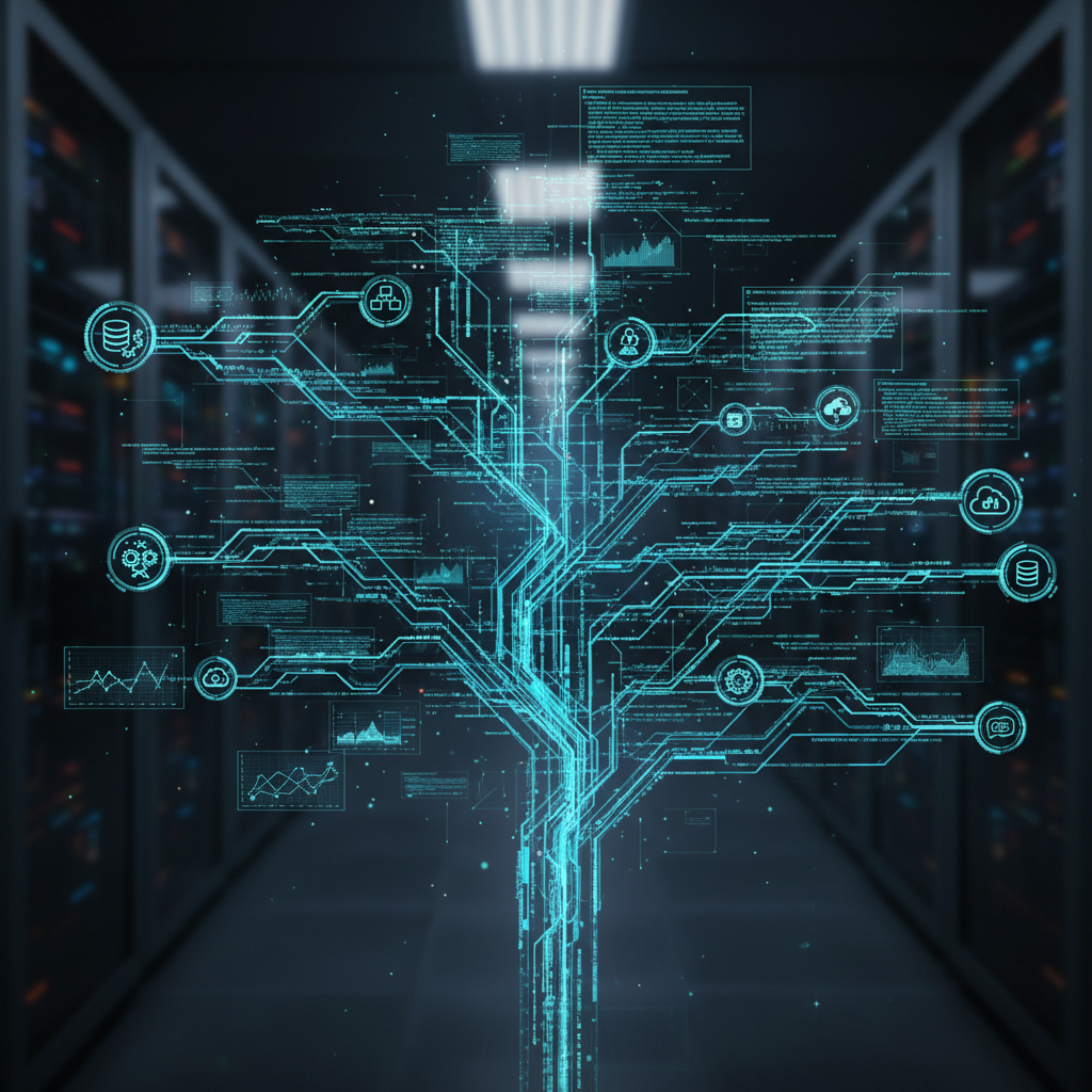 Aerial view of server infrastructure and data flow visualization representing enterprise data management systems