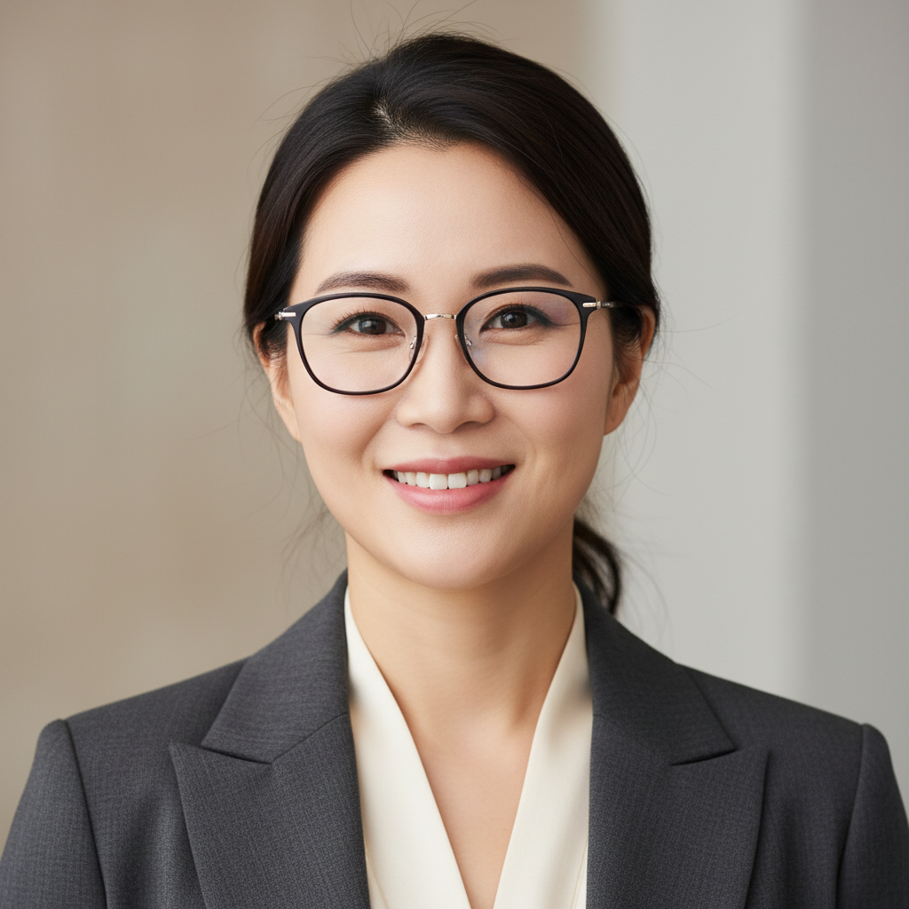 Korean American woman in professional athletic director attire, confident posture, office background