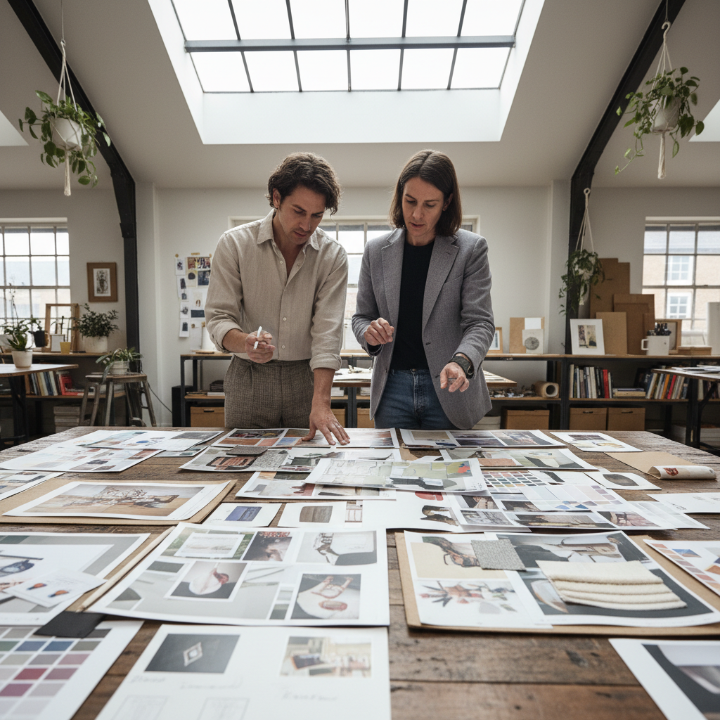 Designer and director reviewing mood boards spread across a large table, pointing at reference images