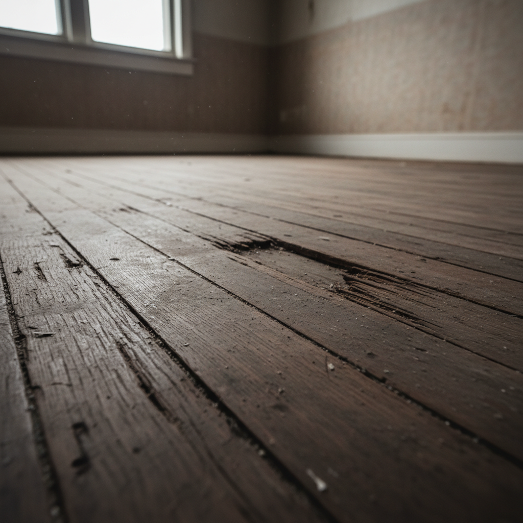 Damaged hardwood floor with warped boards and scratches throughout open plan living space