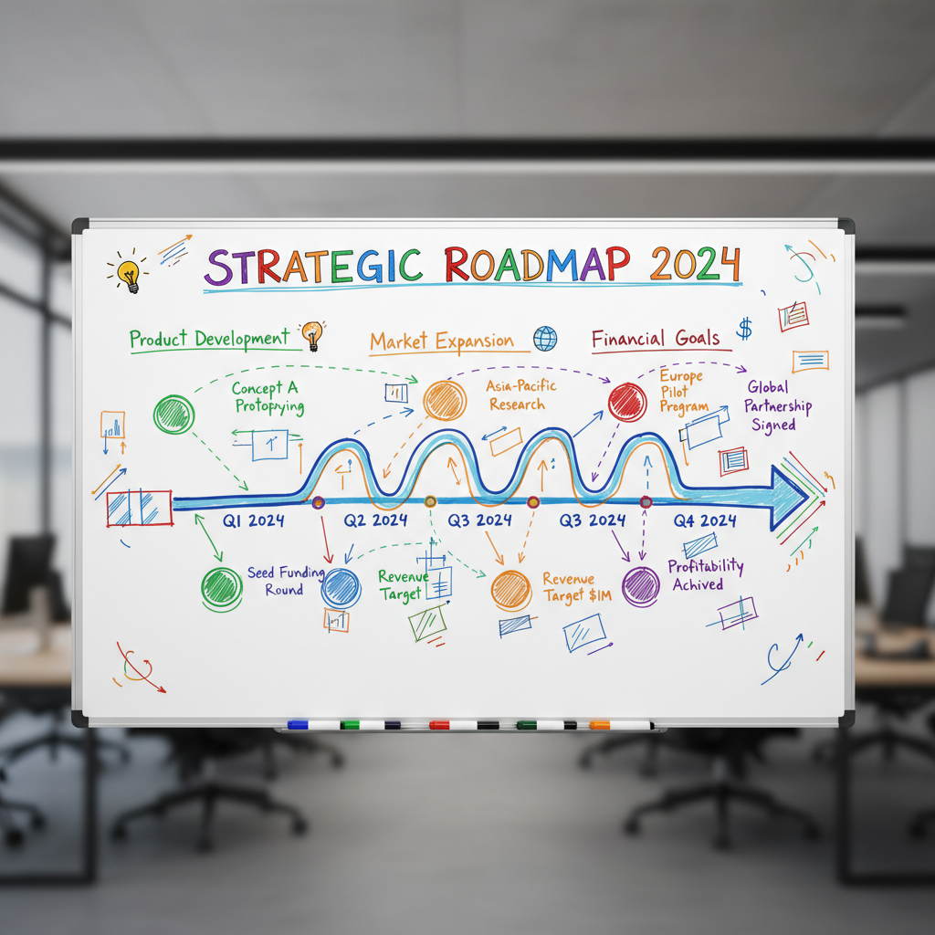 Project timeline and roadmap displayed on whiteboard with milestone markers