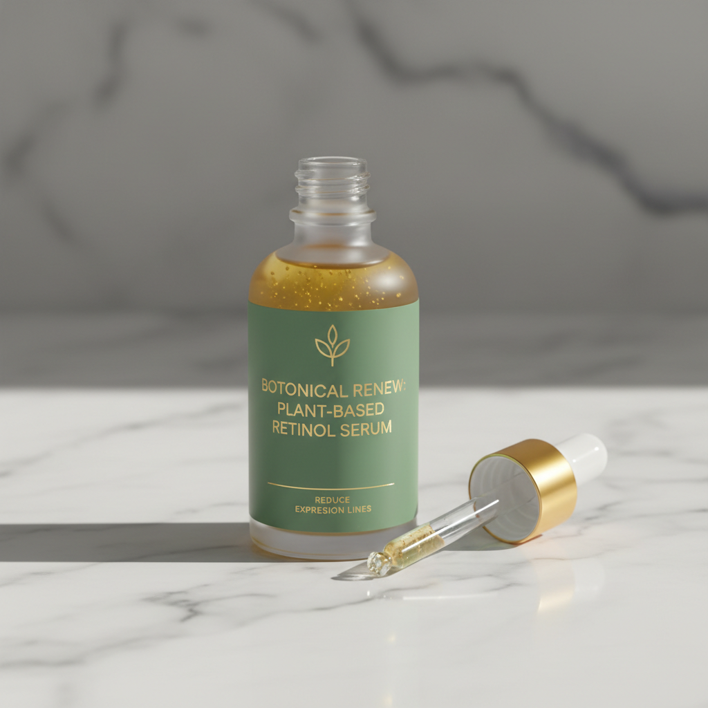 Glass dropper bottle of botanical face serum with rosehip oil on white marble surface, bright clean studio lighting