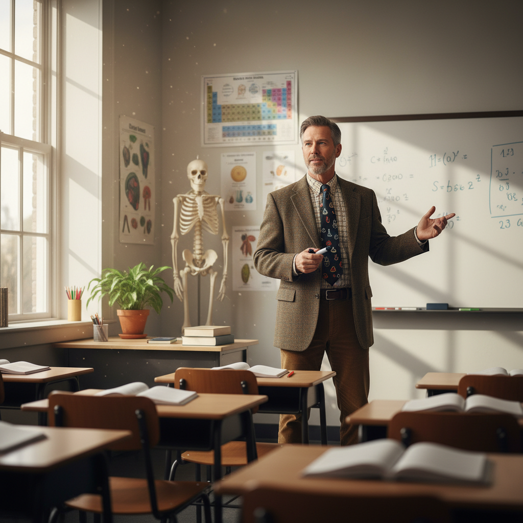 Male science teacher in classroom setting, whiteboard background, professional and approachable
