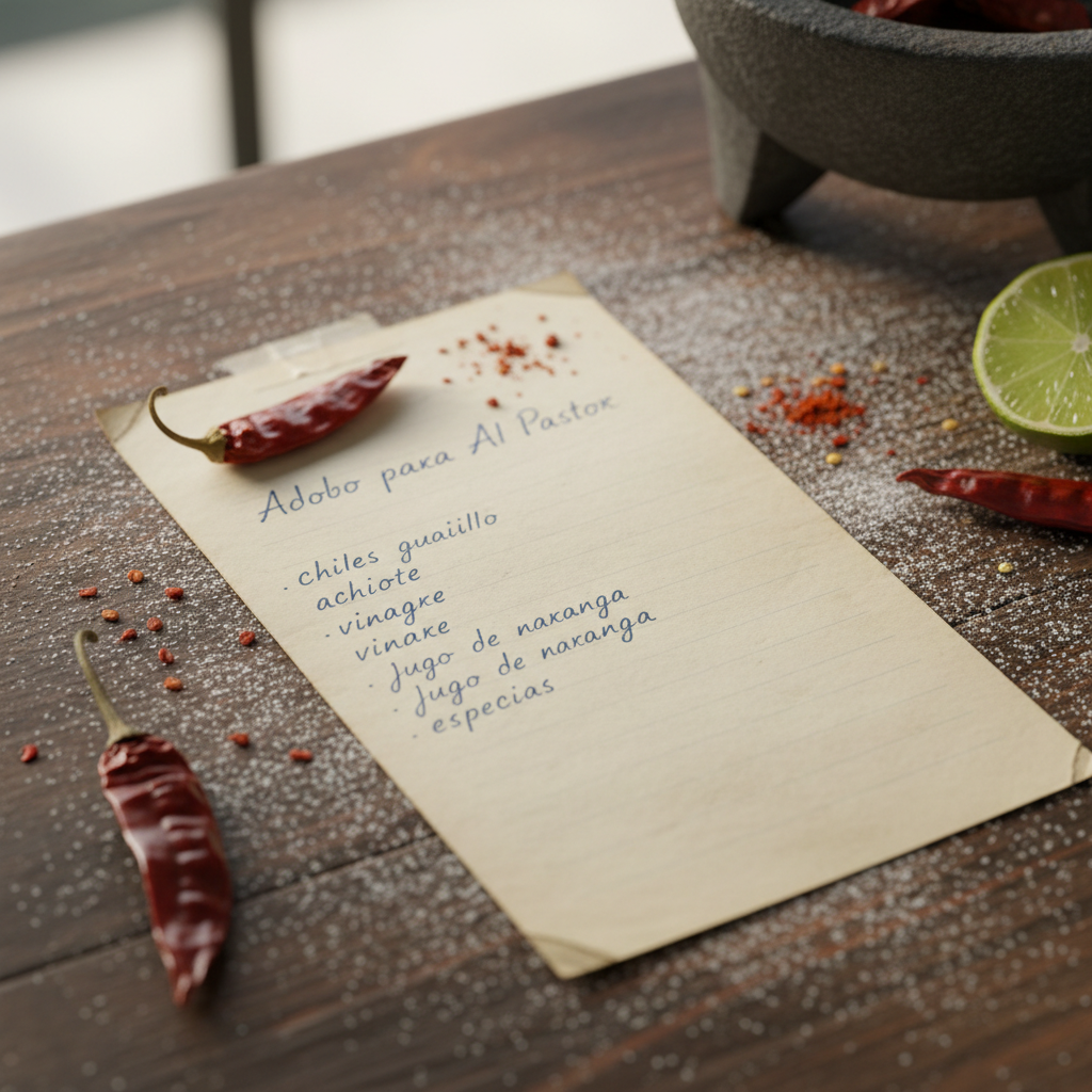 Abuela's handwritten recipe card for al pastor marinade on a flour-dusted wooden counter, written in faded blue ink with a dried chile pressed into the corner