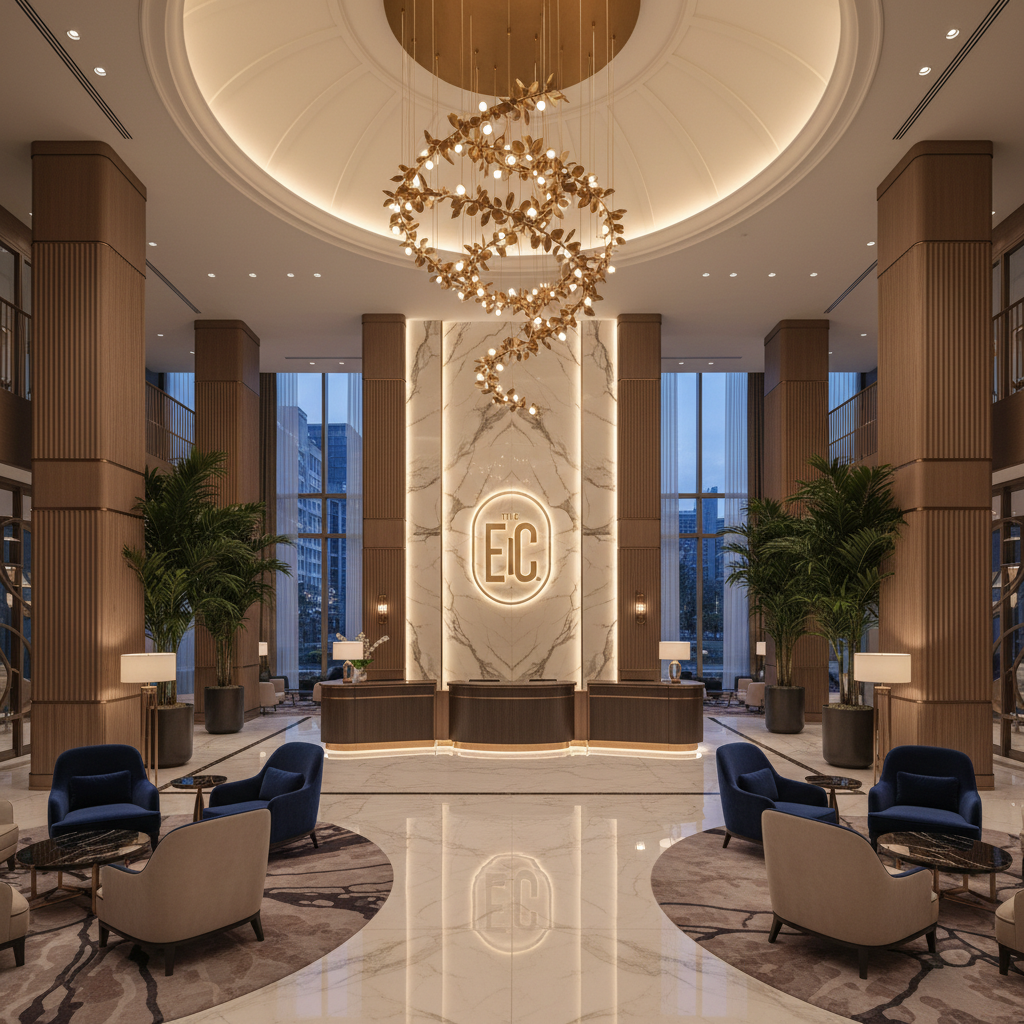Luxury hotel lobby with grand architecture, elegant interior design, premium hospitality environment