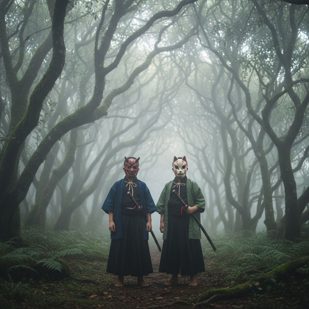Two mysterious masked children in a foggy forest