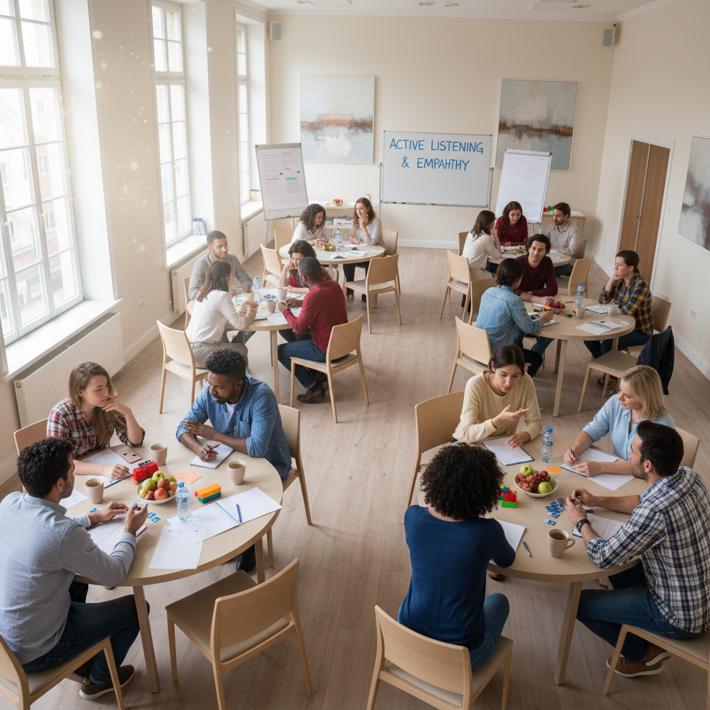 Community meeting in a bright room with natural light, diverse group of people engaged in collaborative discussion around circular tables