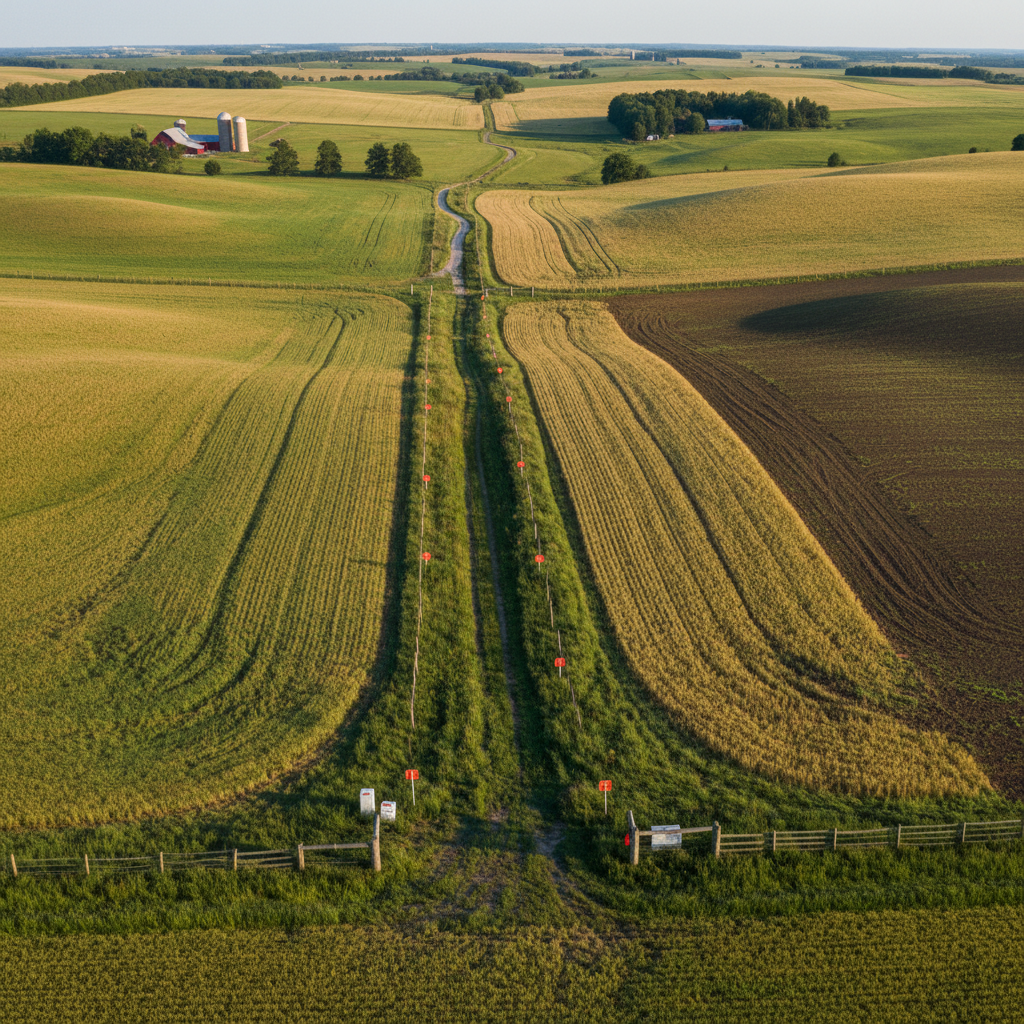 Rural farmland aerial view with property boundary markers and survey pins visible at fence line