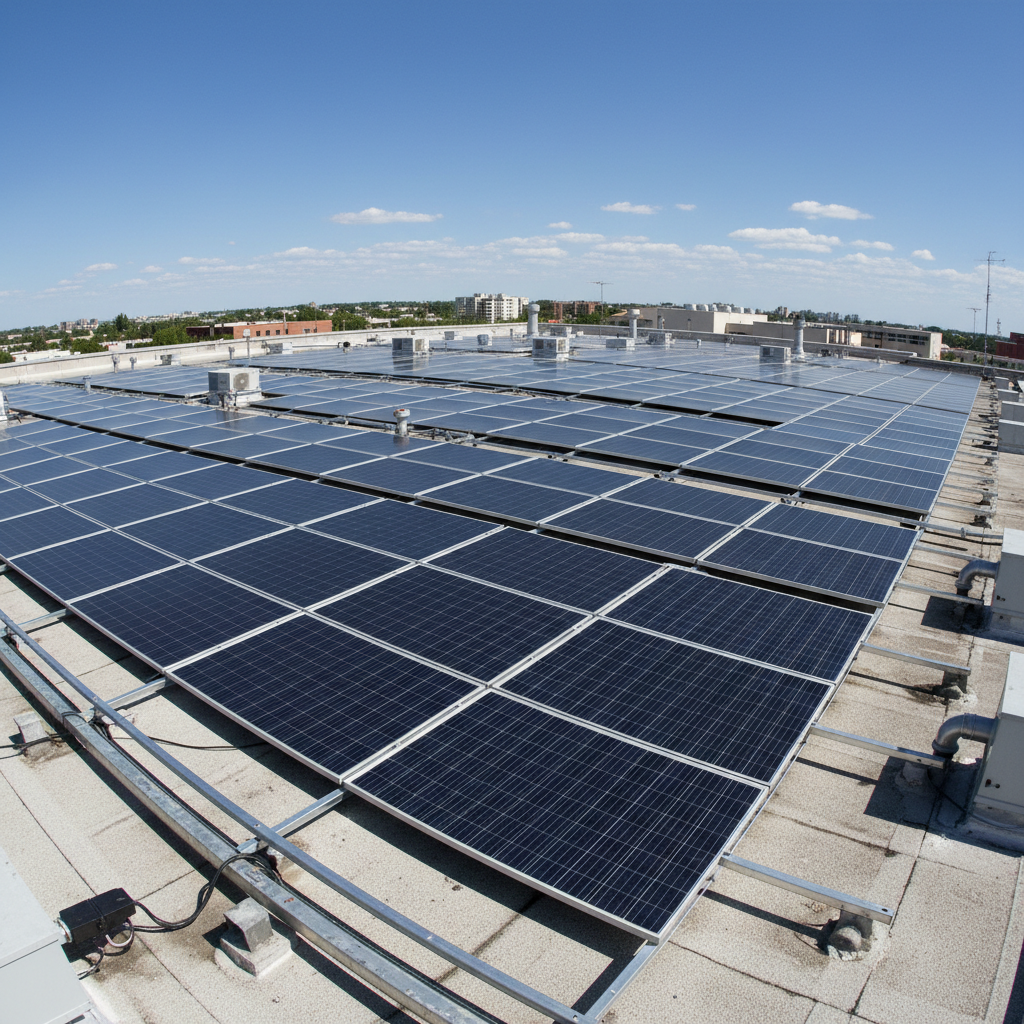 Solar panel array installation on building rooftop with blue sky