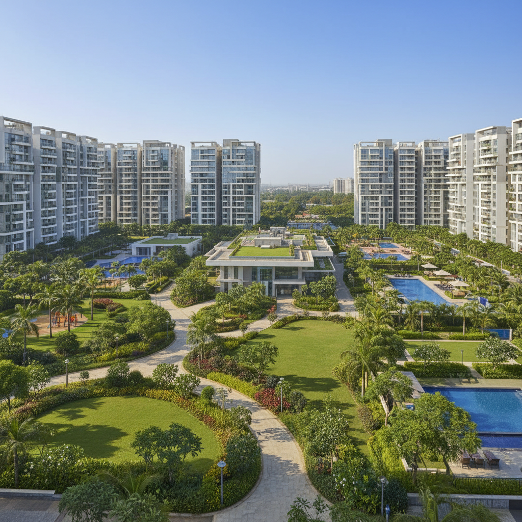 Sobha Dream Acres apartment complex with swimming pool and green surroundings in Bengaluru