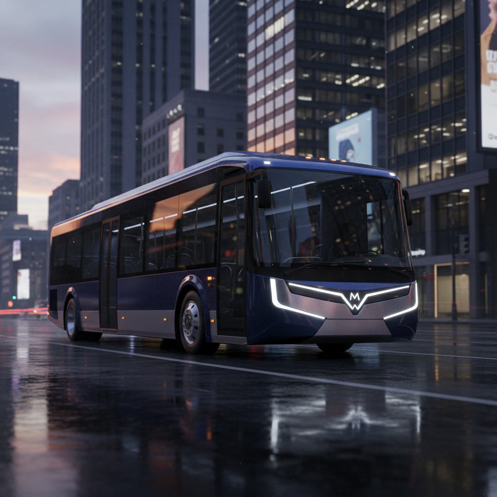 Modern electric bus on city street at dusk, clean white exterior, urban environment, dark atmospheric lighting