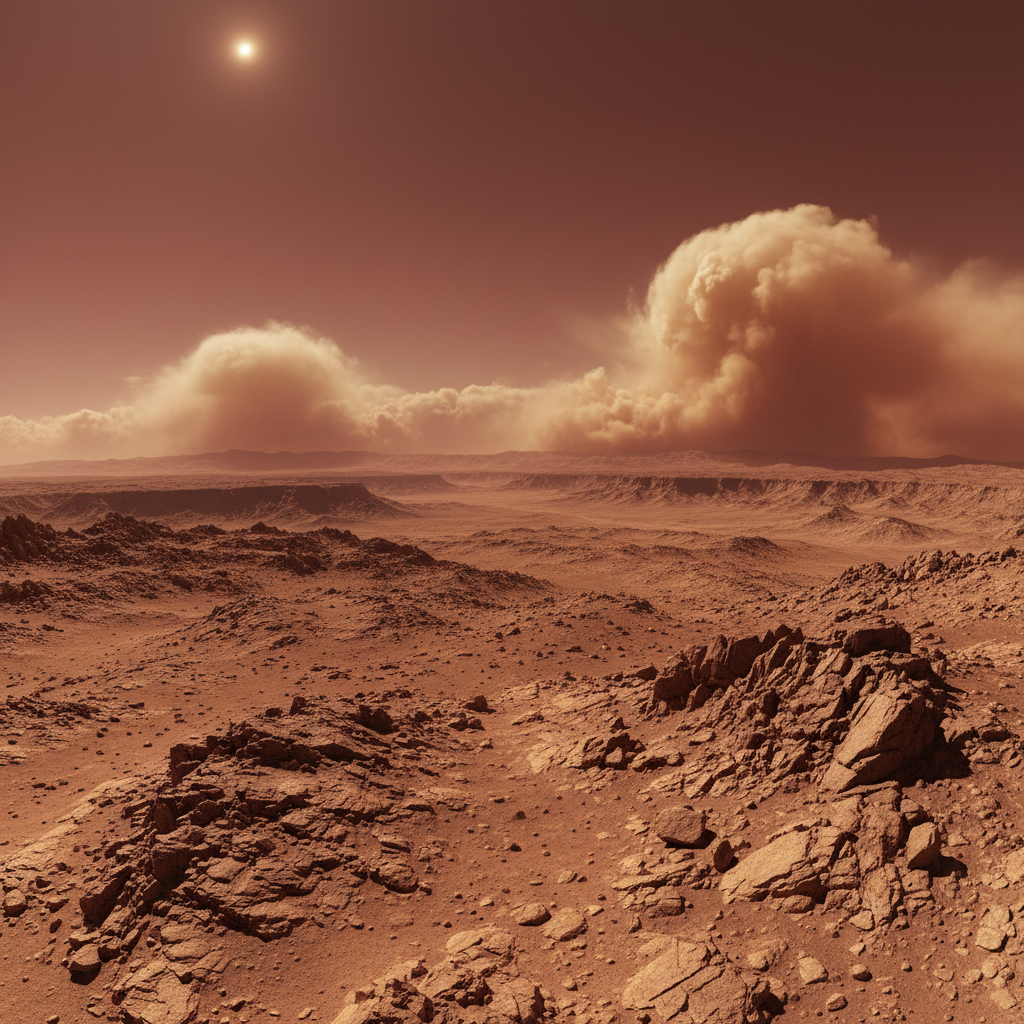 Red planet surface concept, dark atmospheric sky, dusty terrain, dim diffused light