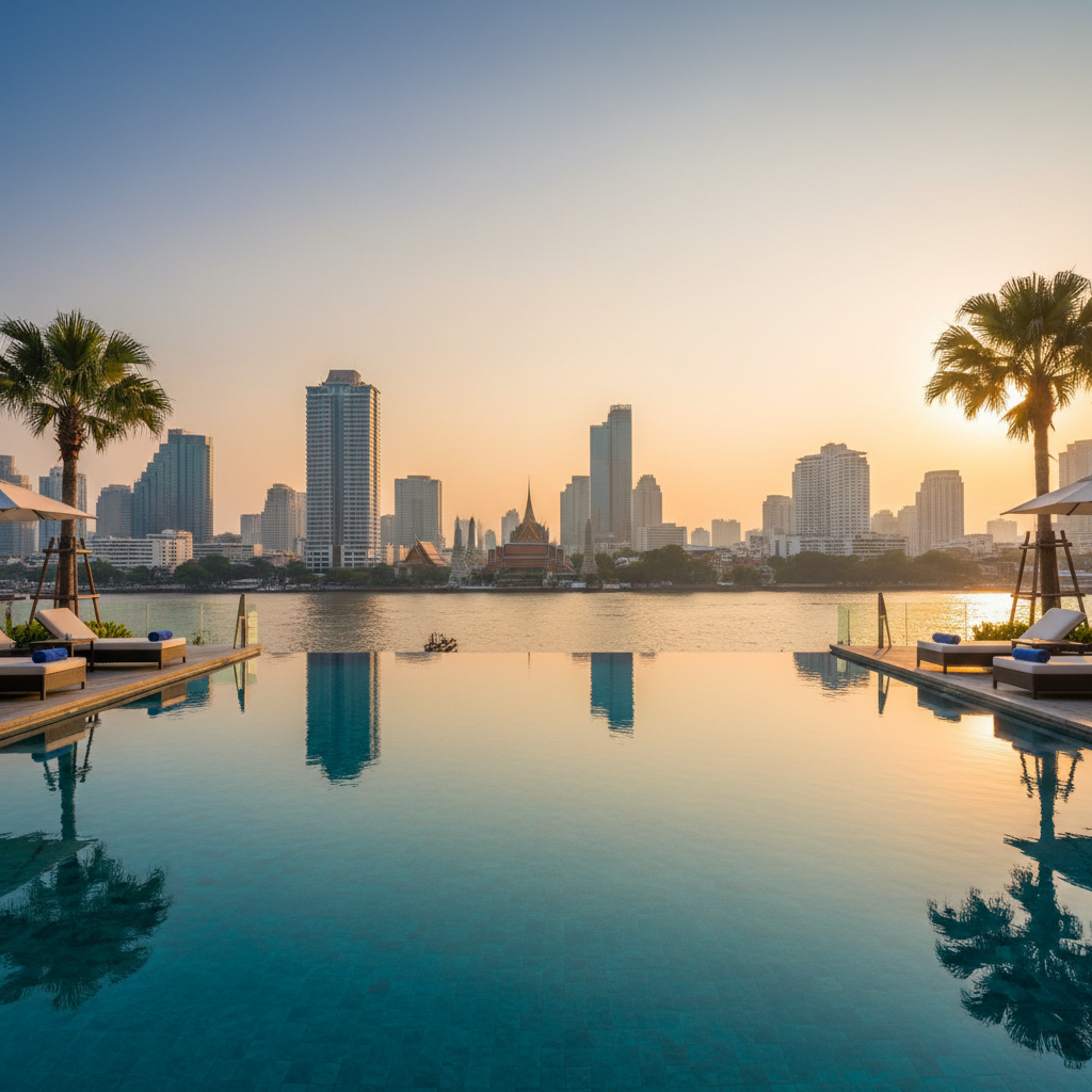 Bangkok luxury hotel riverside terrace pool tropical garden warm evening light