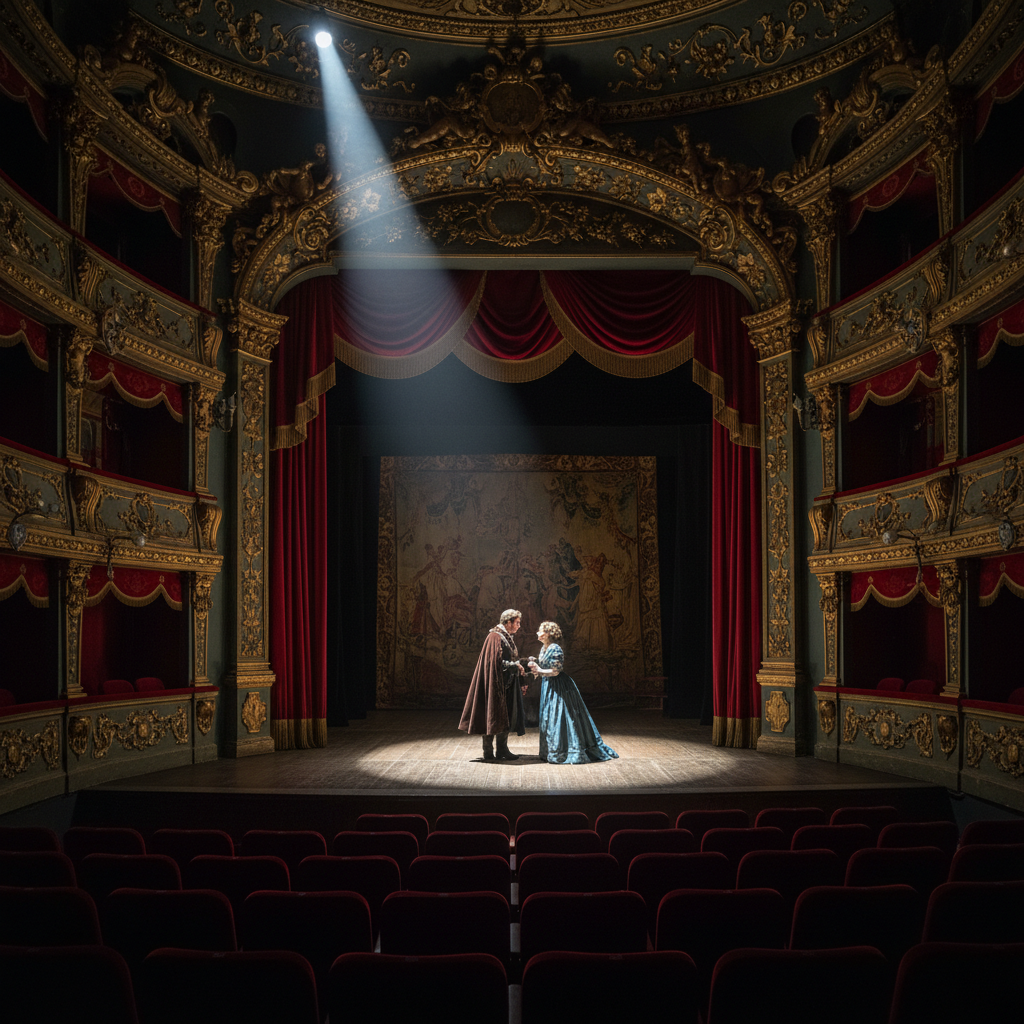 Vintage Victorian-era theatrical stage with dramatic spotlight and ornate curtains