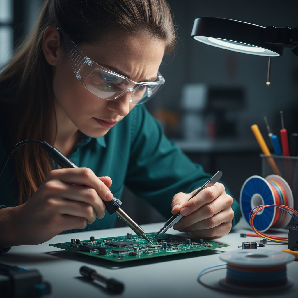 Amara Diallo, hardware engineer, soldering circuit board at dedicated electronics workbench with oscilloscope in background