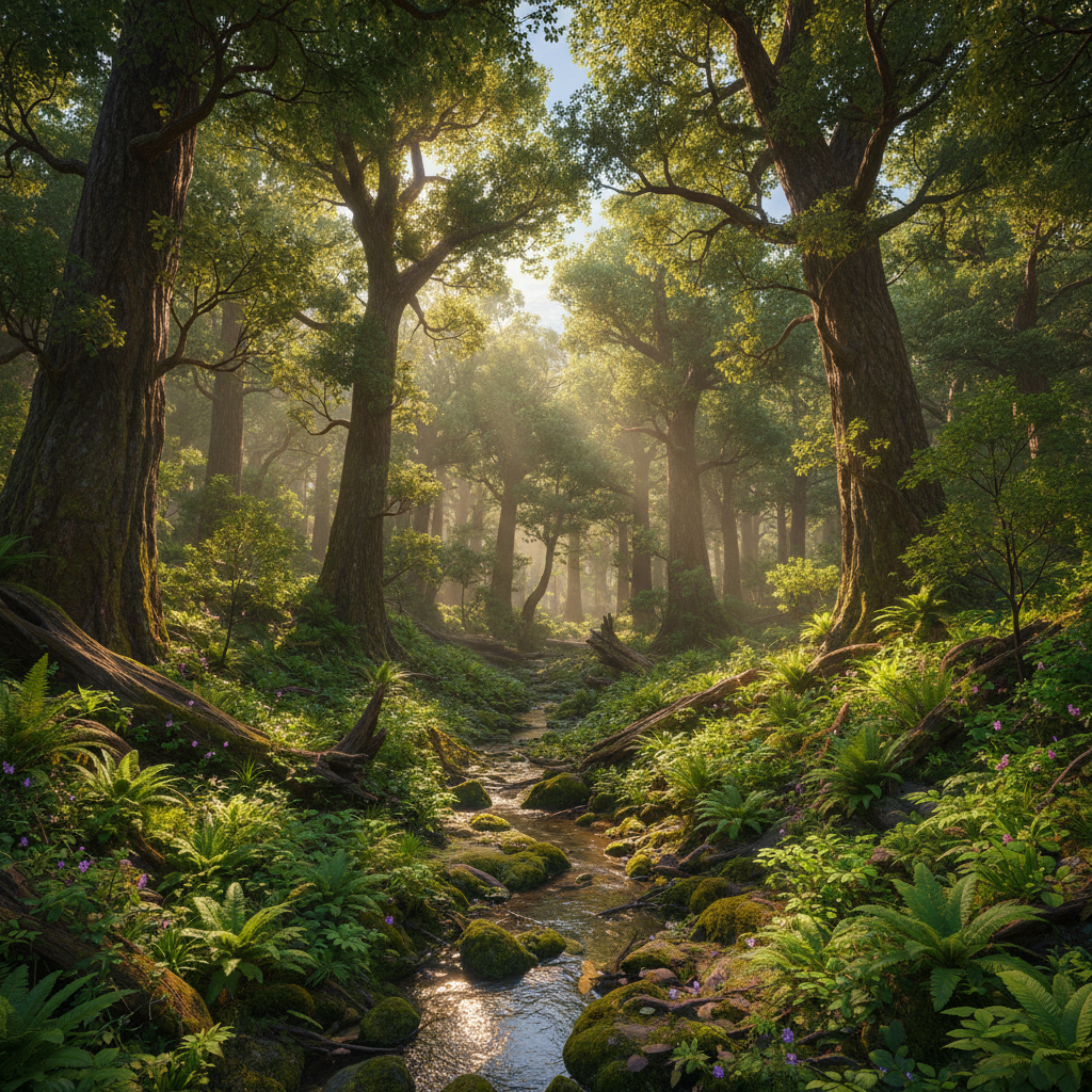 Lush green forest with sunlight streaming through trees representing ESG investment