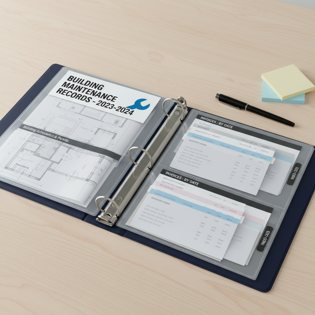 Organized maintenance binder with building records, invoices filed by address and date