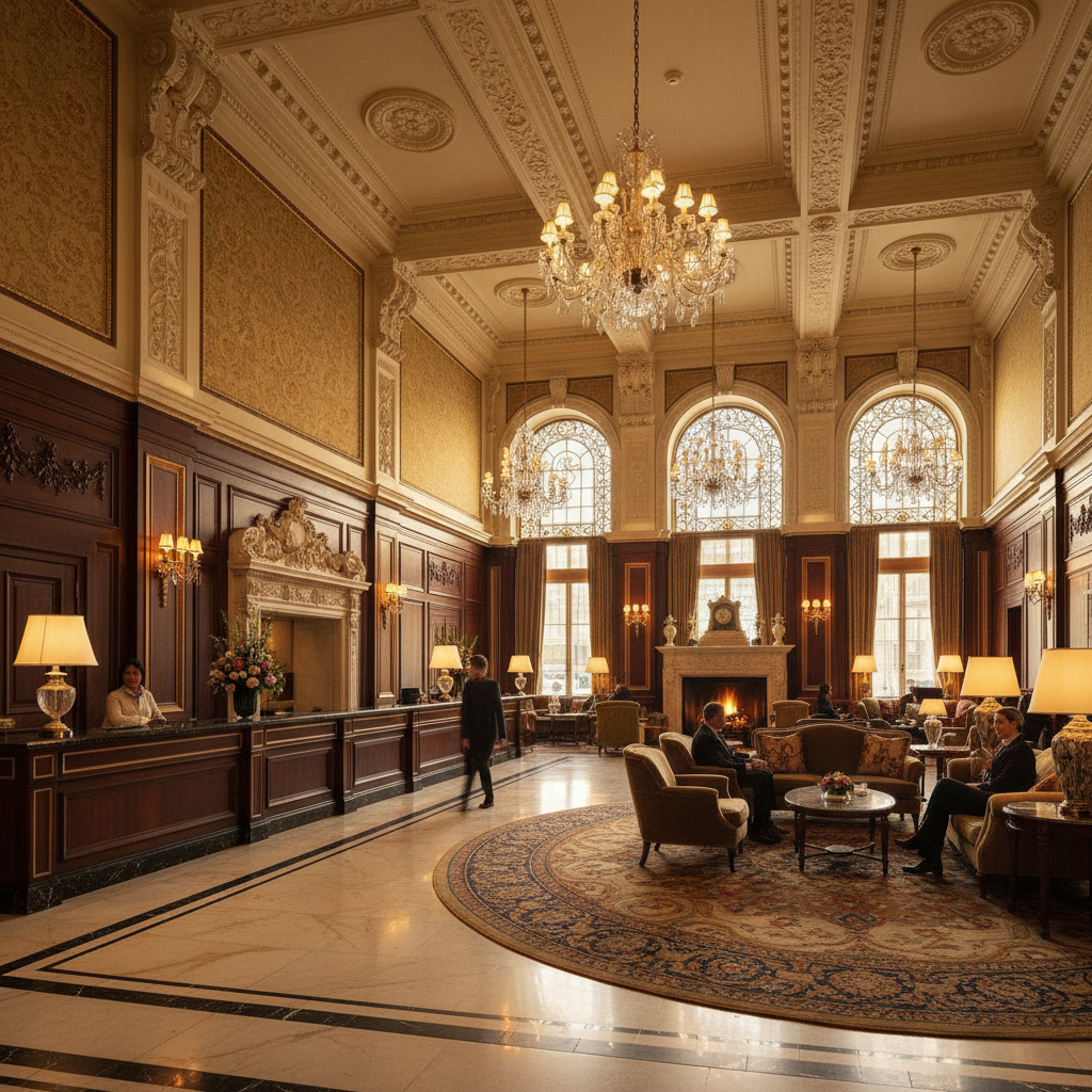 The Marlowe hotel lobby with warm amber lighting and architectural details