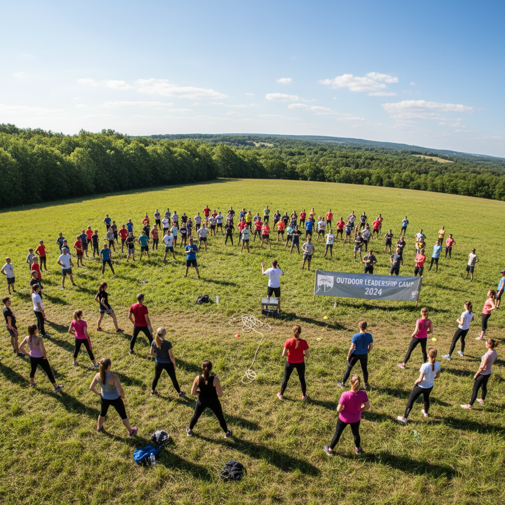 Young people doing outdoor exercise, bright sunny day, green grass, open sports field, energetic movement