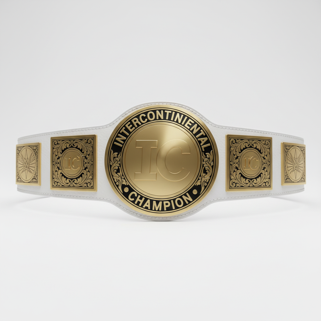 Full leather championship belt replica with gold plated plates and red stitching on black strap