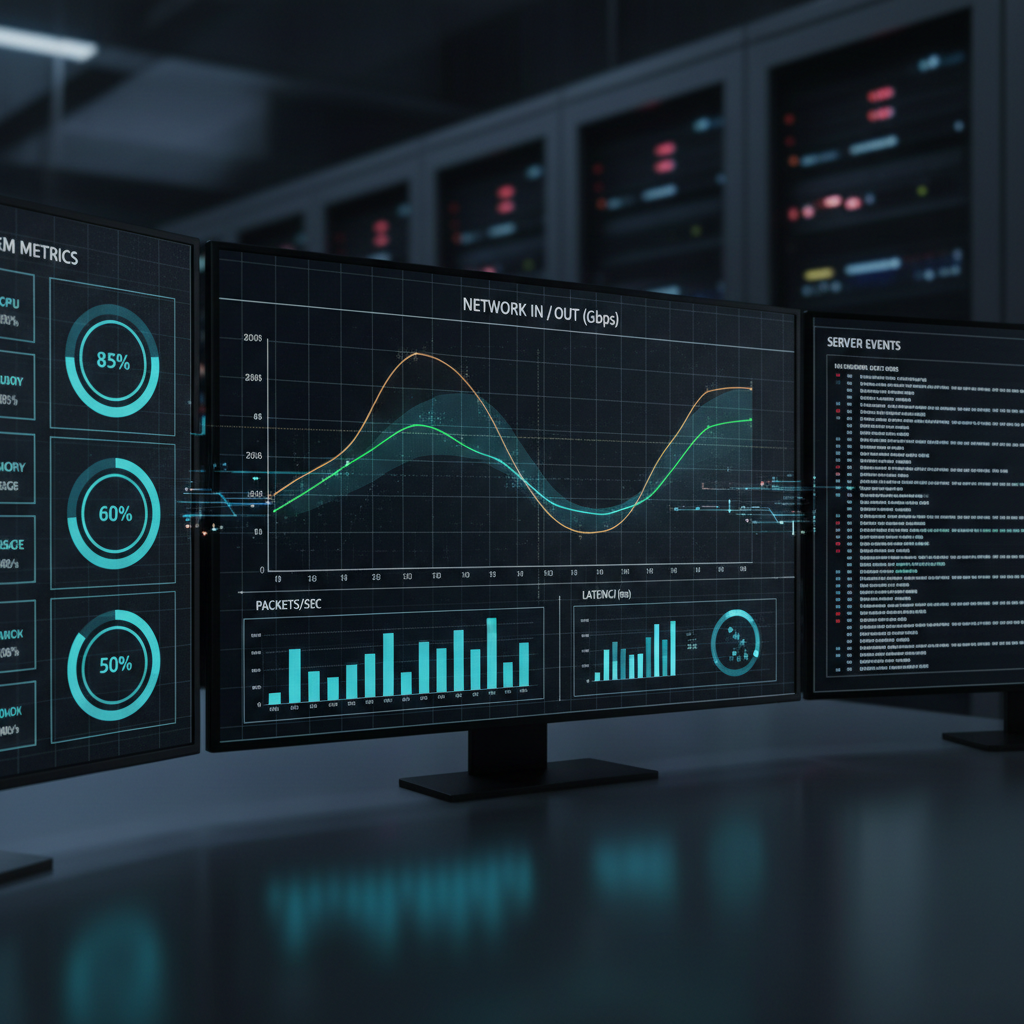 Server monitoring dashboard showing real-time metrics, flame graphs, and network topology