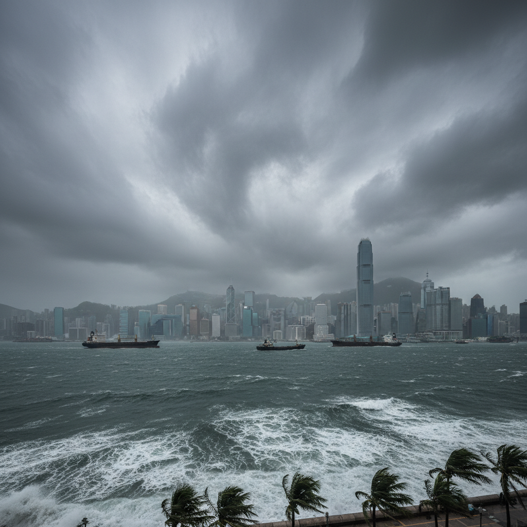 Hong Kong harbour during typhoon season with grey skies and strong winds, showing challenging weather conditions