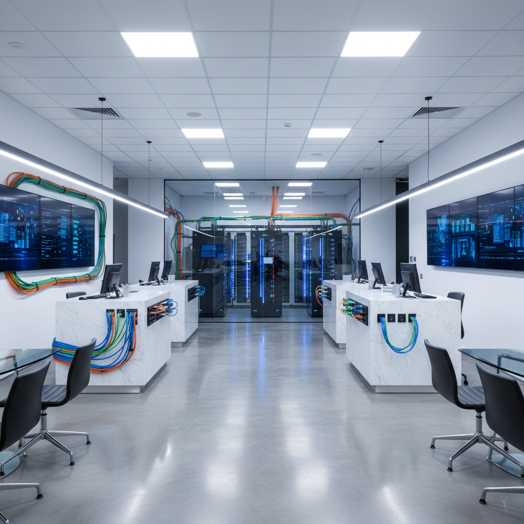 Modern data center with blue server racks and network infrastructure