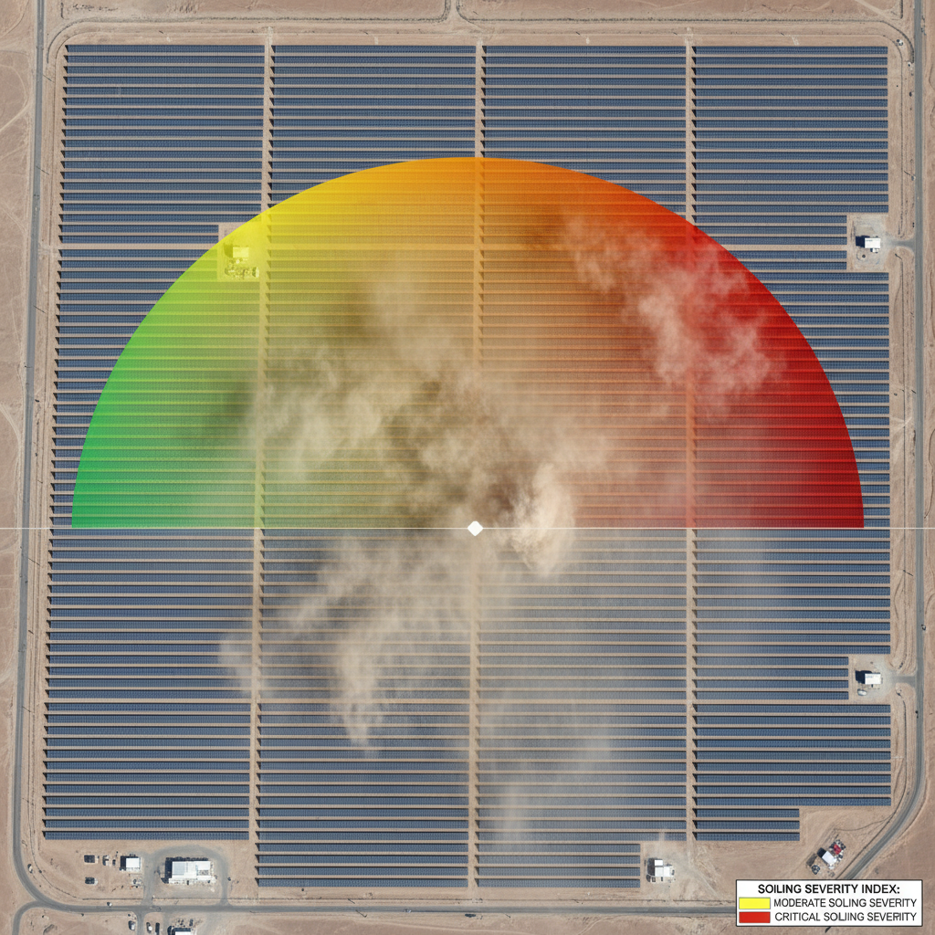 Satellite view of solar plant showing dust distribution overlay with colored zones indicating soiling severity
