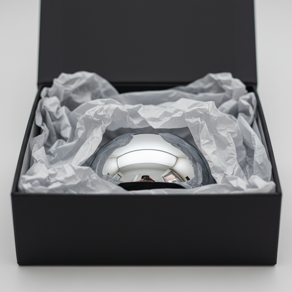 Pale silver tissue paper barely parted inside a dark box, revealing a chrome gleam beneath