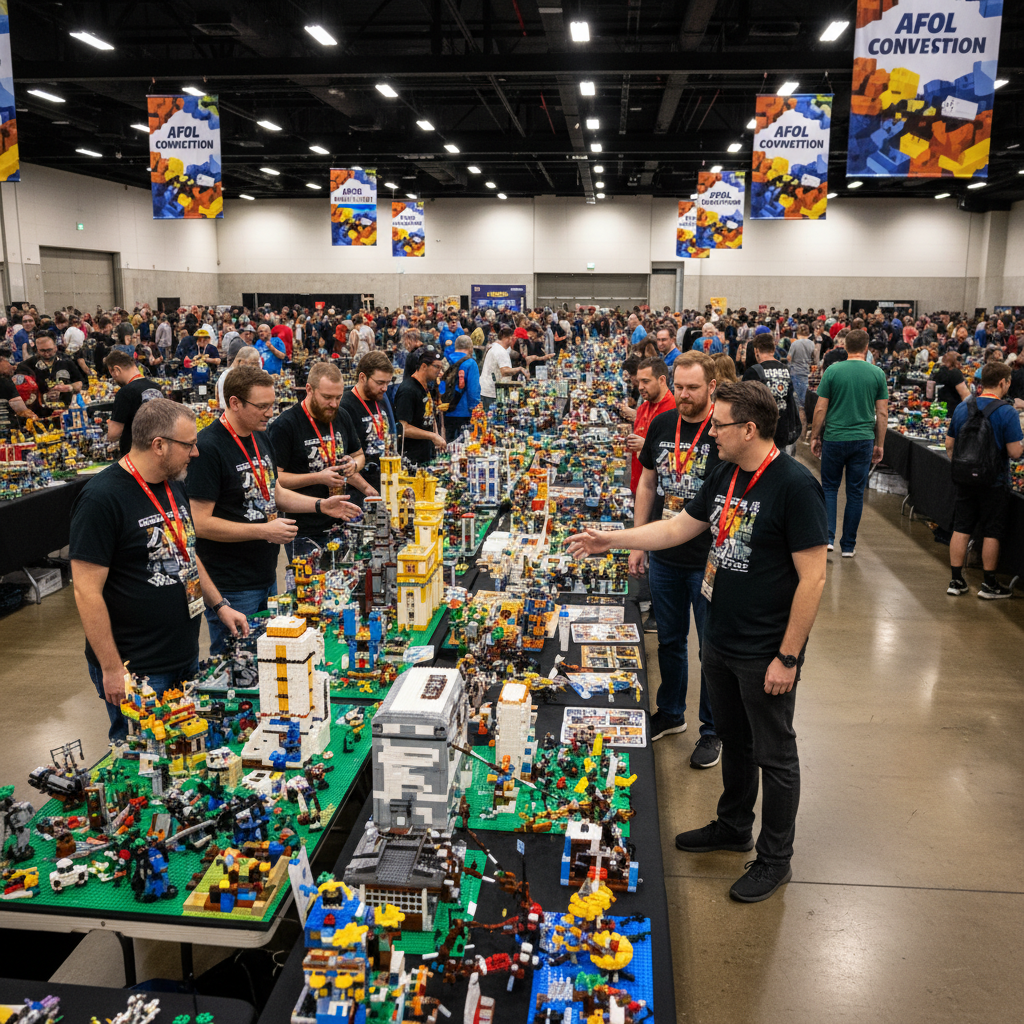 AFOL community members displaying elaborate LEGO MOC builds at a convention