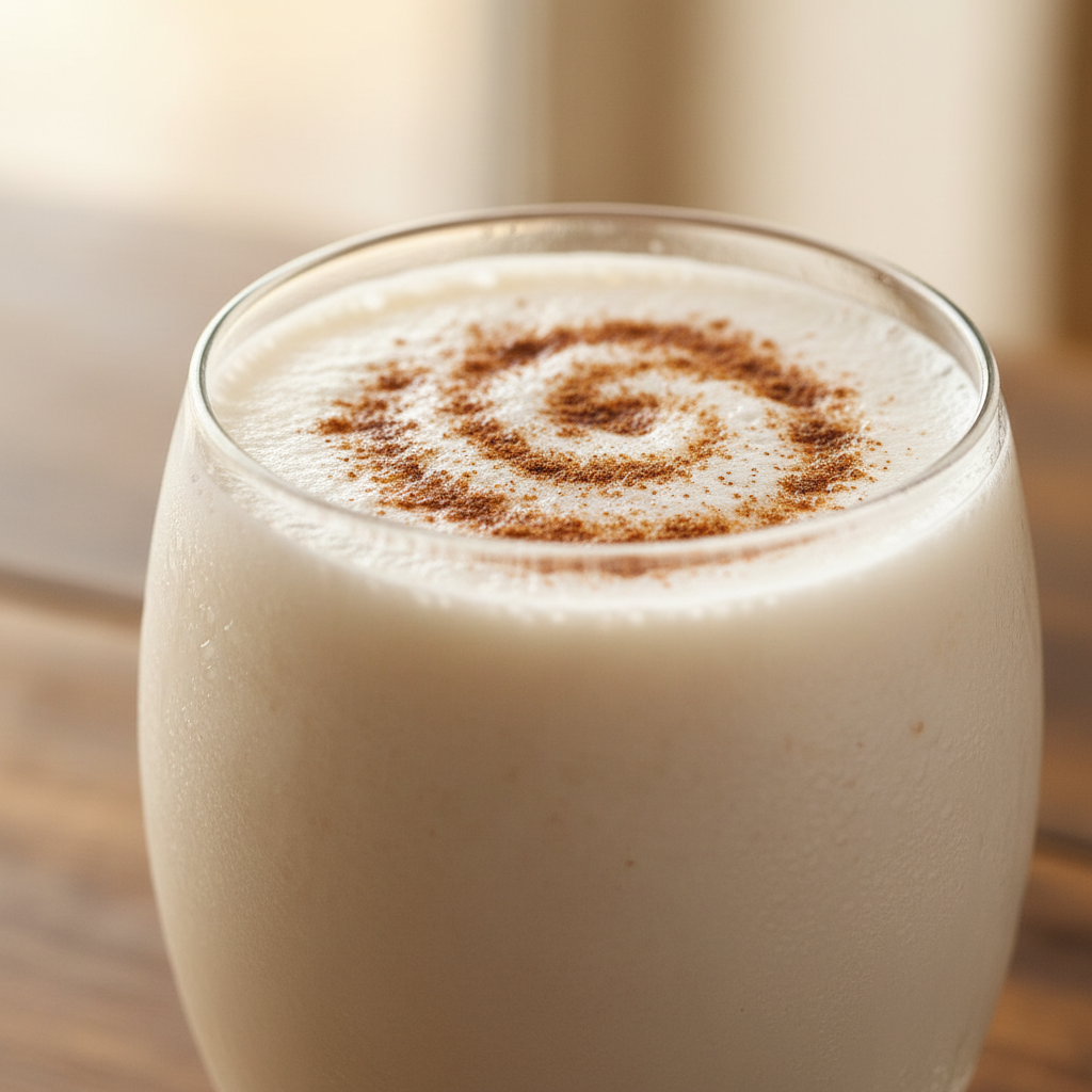 Tall glass of horchata cold brew with cinnamon stick garnish on speckled purple tile surface