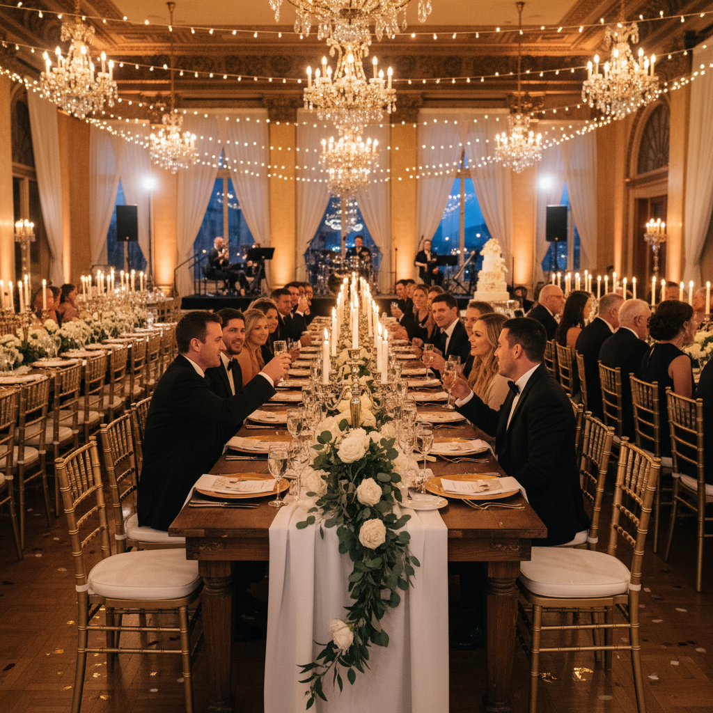 Recepción de boda con mesas largas decoradas y sillas Chiavari doradas