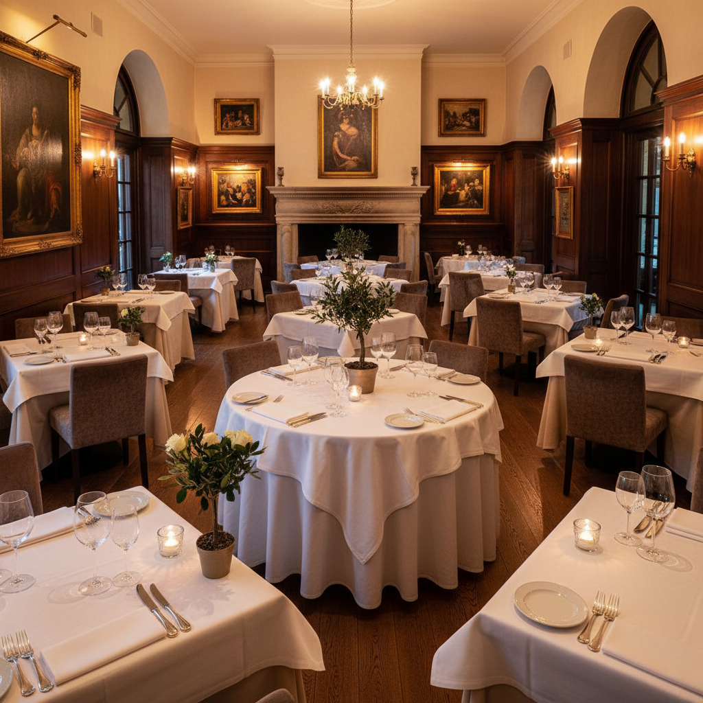 Elegant restaurant interior viewed from the entrance with warm amber lighting and white tablecloths