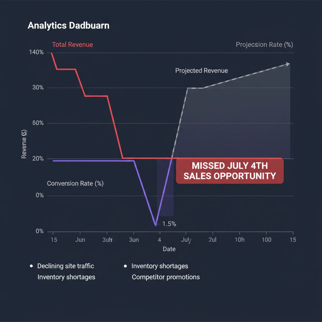 Flat revenue analytics chart showing missed July 4th sales opportunity with declining conversion rates during holiday period