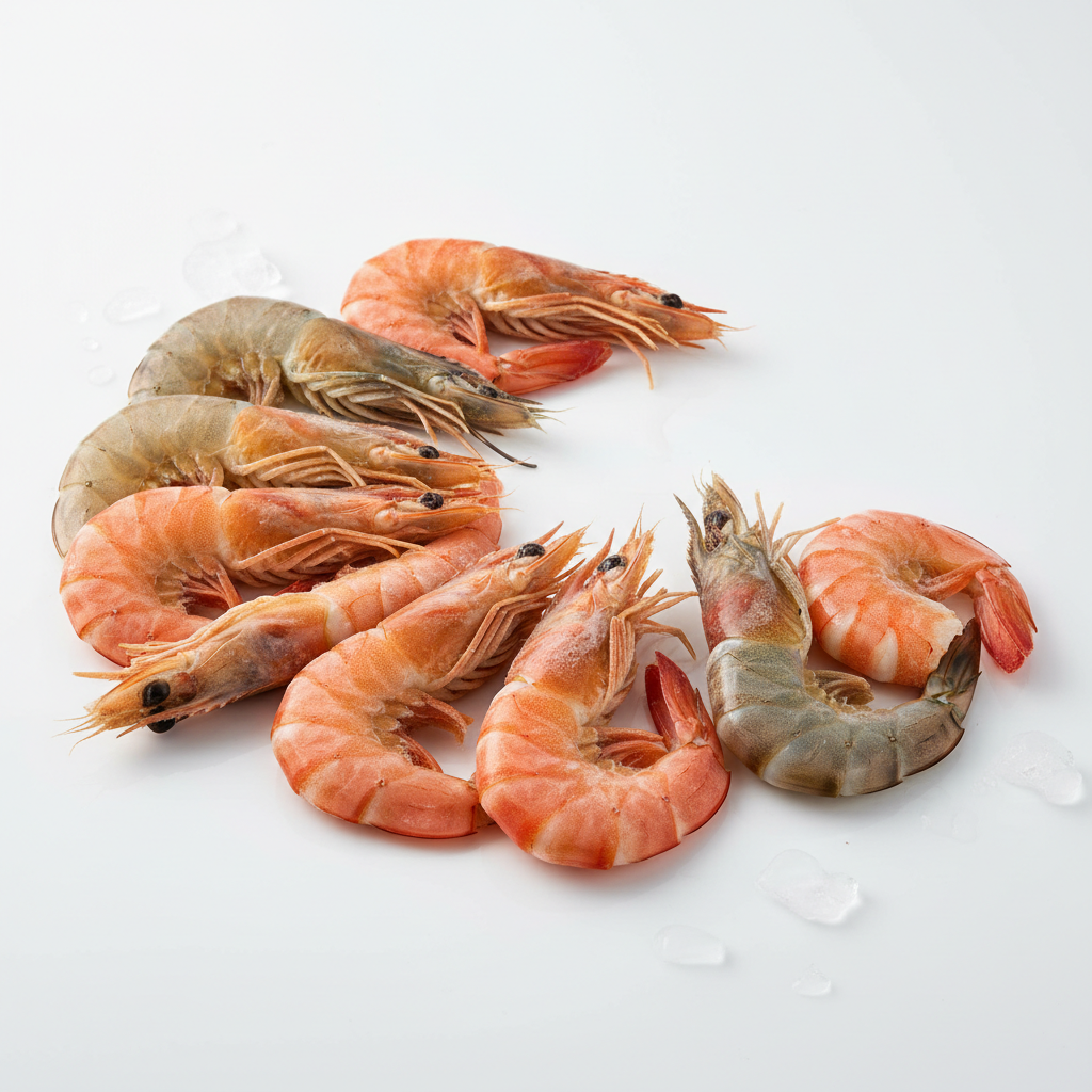 Fresh prawns on bright white ice with clean food photography lighting