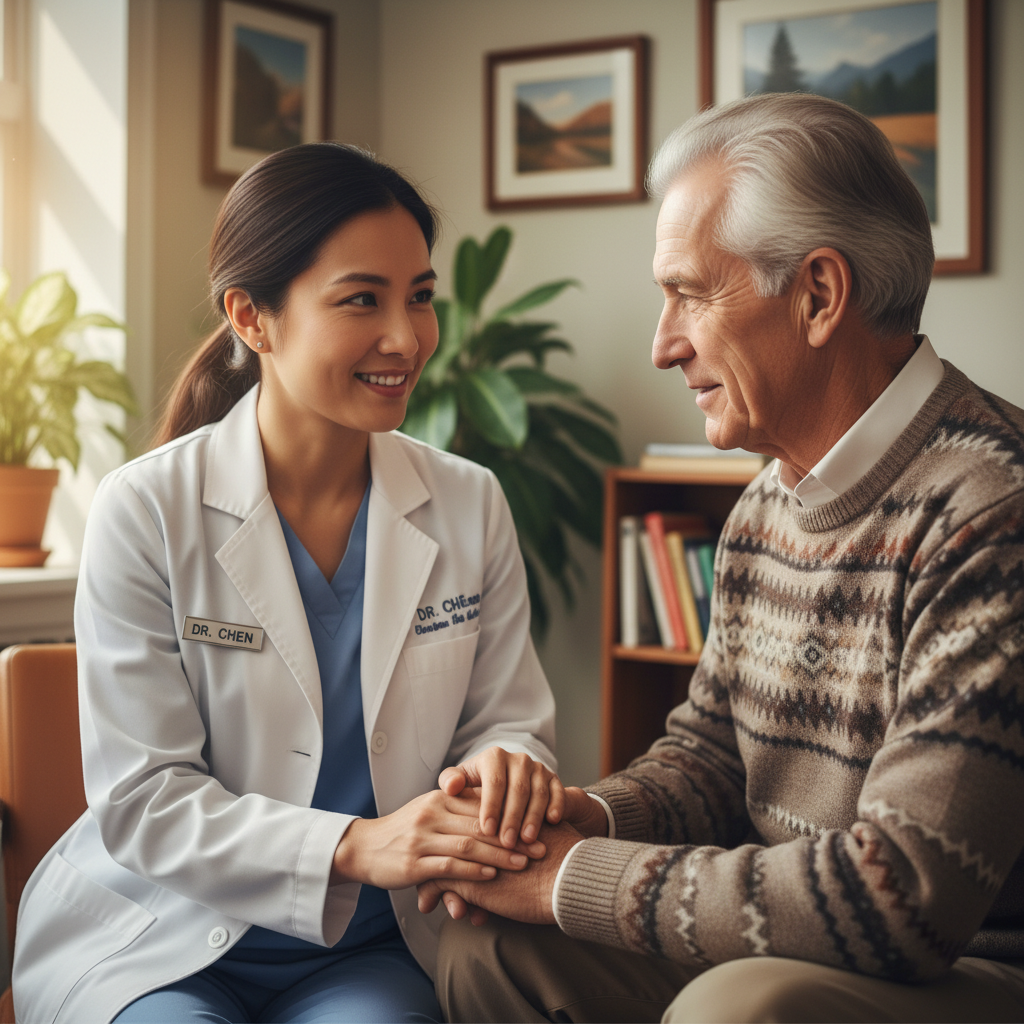 Doctor in conversation with older patient, warm lighting