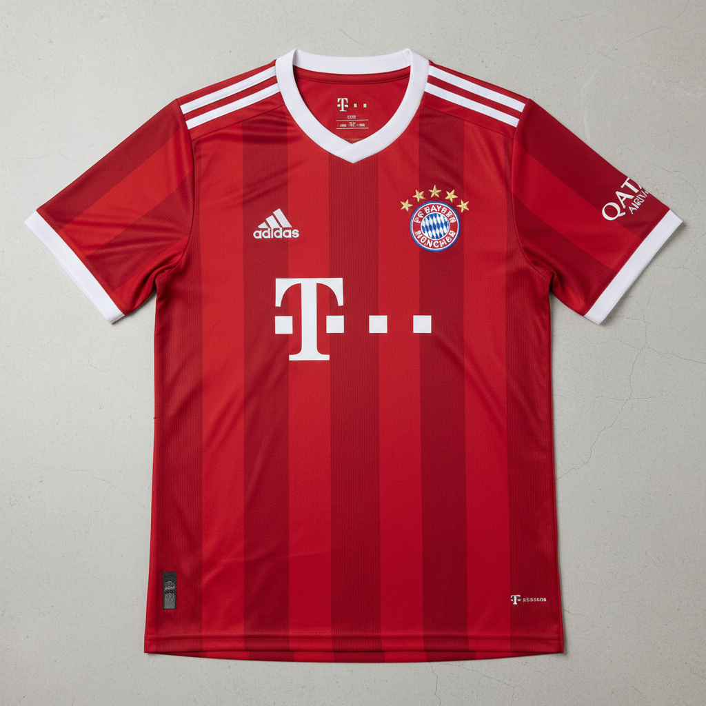 Red Bayern Munich football jersey product photo, Bundesliga home kit, premium sportswear on clean background