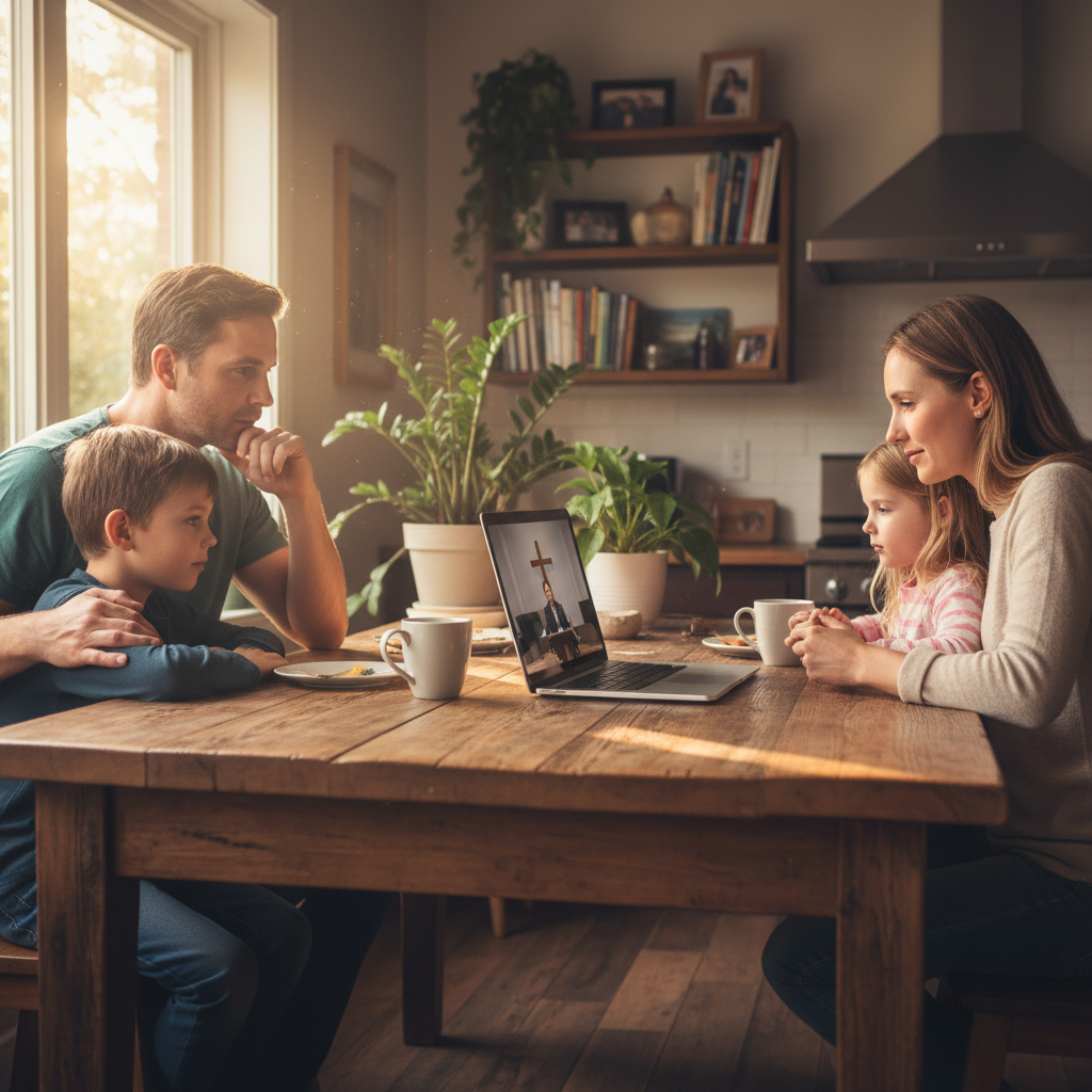 Family watching Sunday service on a laptop at the kitchen table