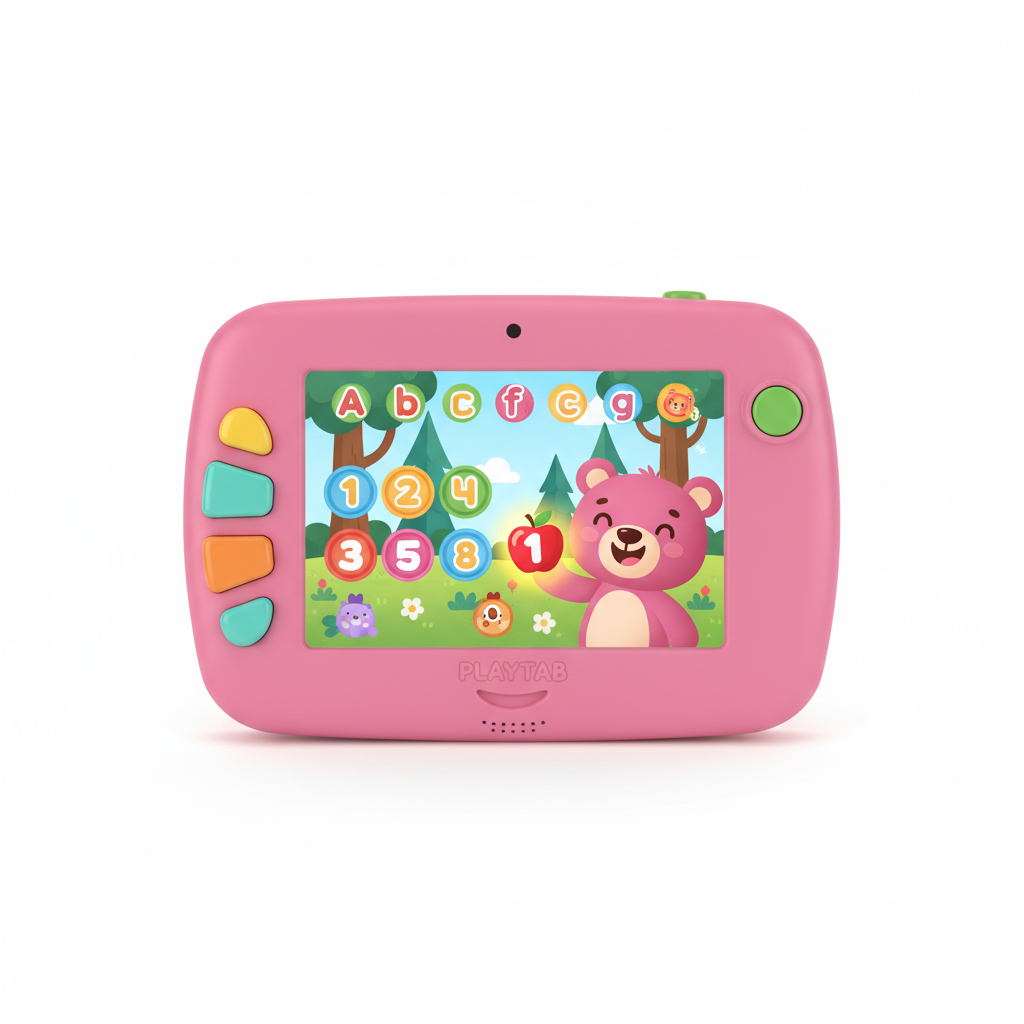 Colorful children's learning tablet with alphabet buttons and interactive screen showing educational content