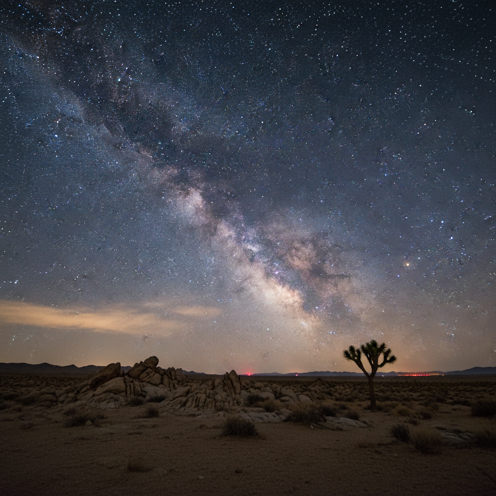 Brilliant Milky Way galaxy arching over Namibian desert landscape at night, thousands of stars visible in the perfectly dark sky